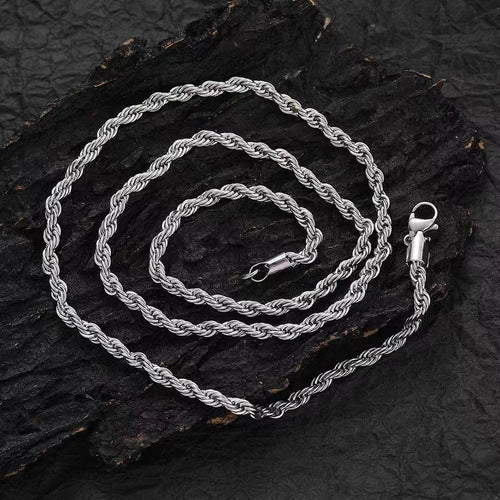 2-5mm Stainless Steel Rope Chain on dark wood texture