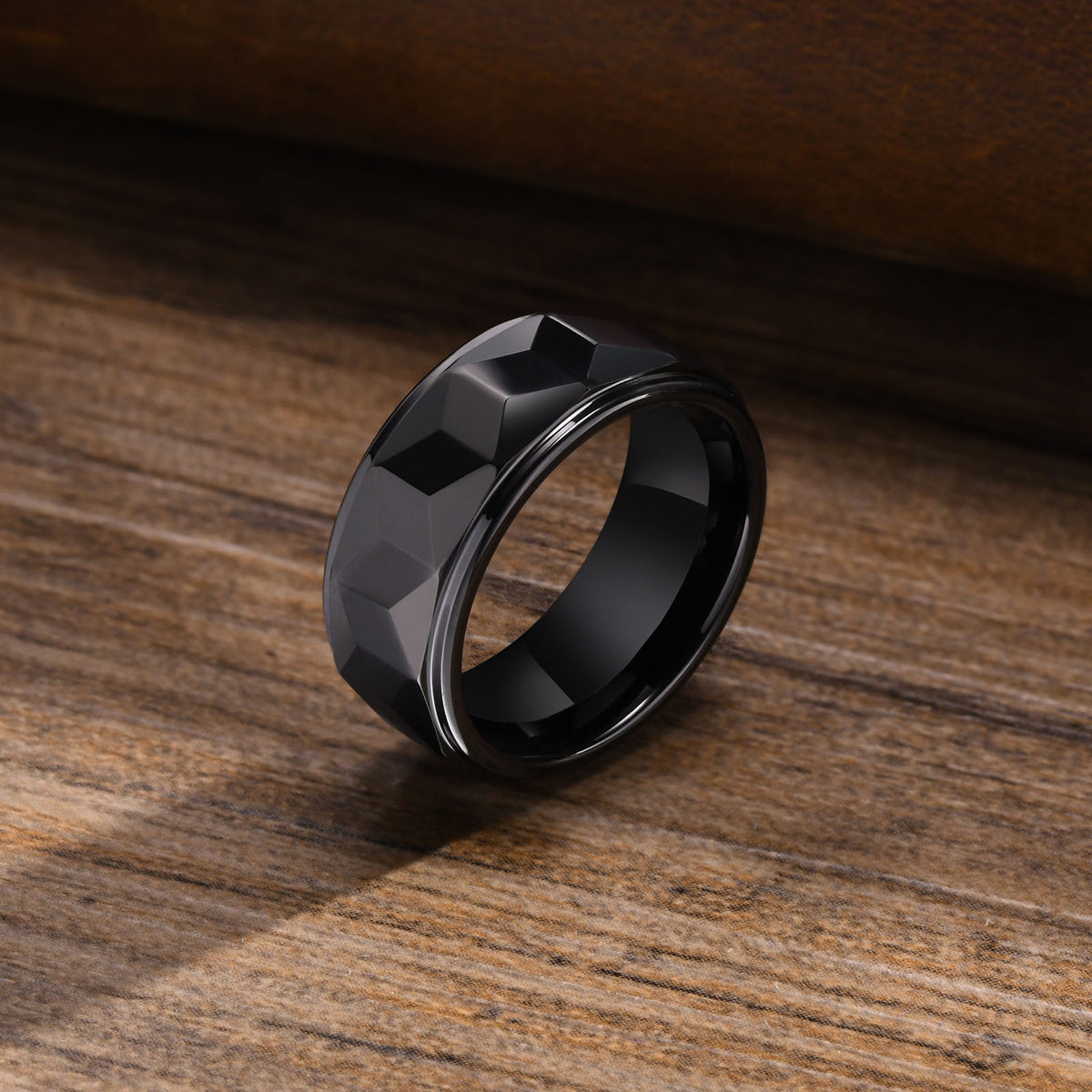 8mm Black Faceted Tungsten Carbide Ring - geometric, durable, black view 2