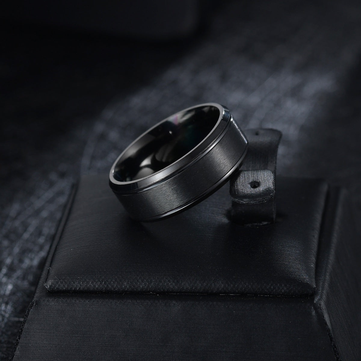 Brushed Center Beveled Stainless Steel Ring in black view 4