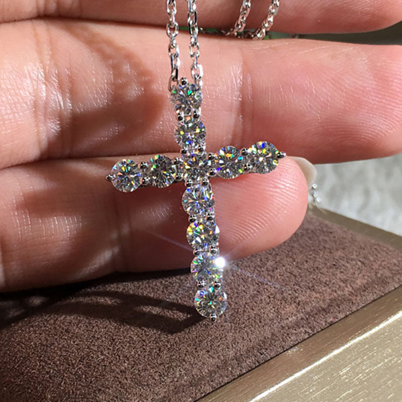 Titanium Steel CZ Cross Necklace, silver-tone cross with stones view 4