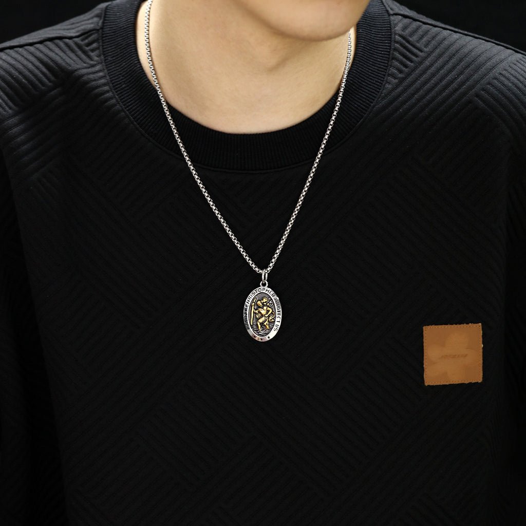 Saint Christopher Oval Pendant Necklace on a chain, silver and gold-tone view 4