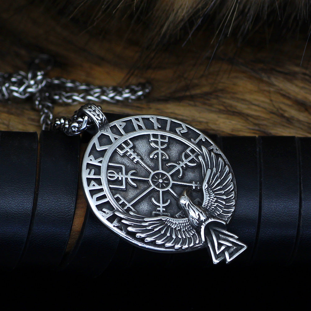 Stainless Steel Viking Raven Compass Necklace with detailed Vegvisir and runes view 4