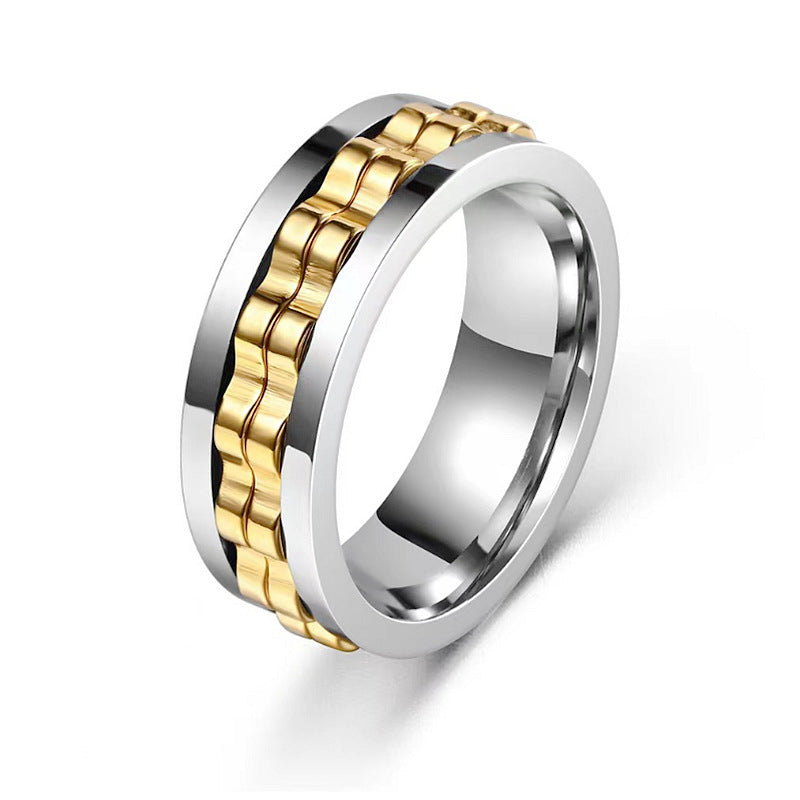 Stainless Steel Textured Spinner Ring with a gold-tone inner band