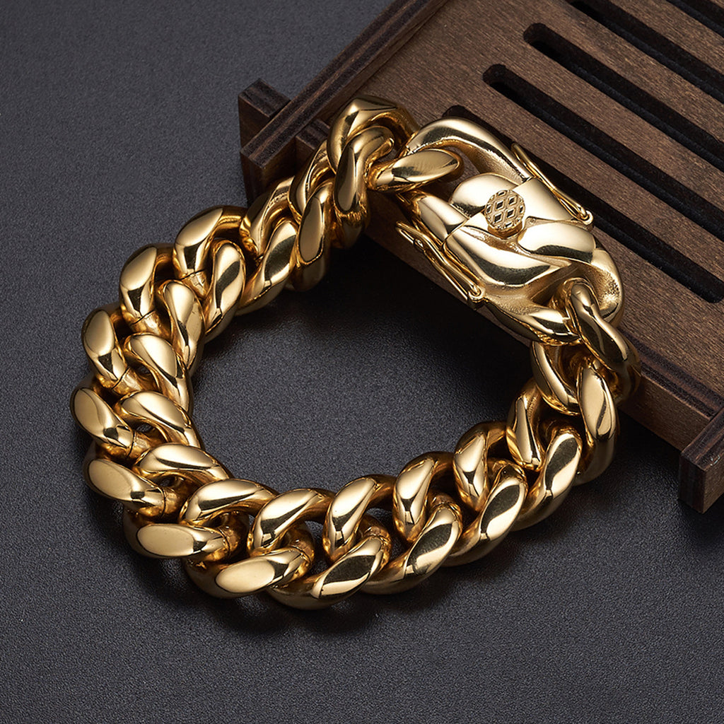 The Double-Latch Gold-Tone Cuban Bracelet in Steel, view 2
