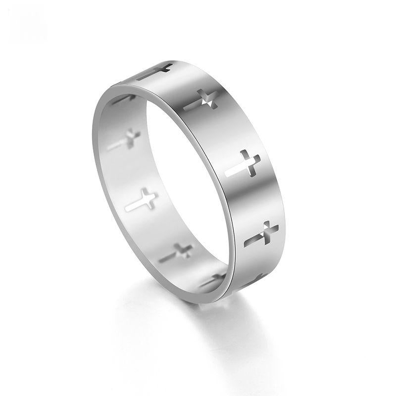 Hollow Cross Stainless Steel Band Ring - silver, cross pattern, minimalist
