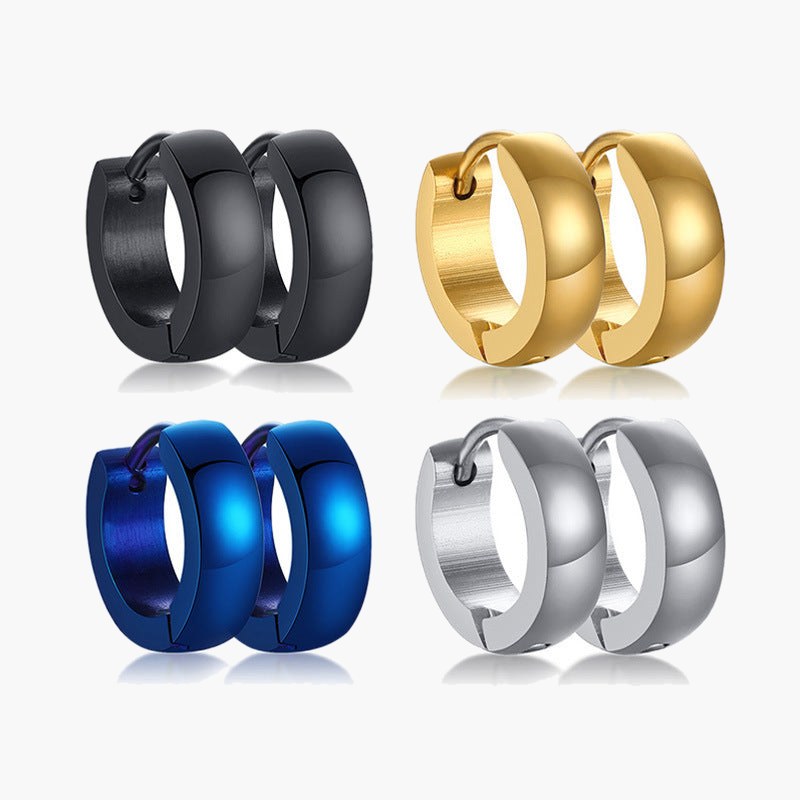 4mm Stainless Steel Hoop Earrings in black, gold, blue, and silver finishes.
