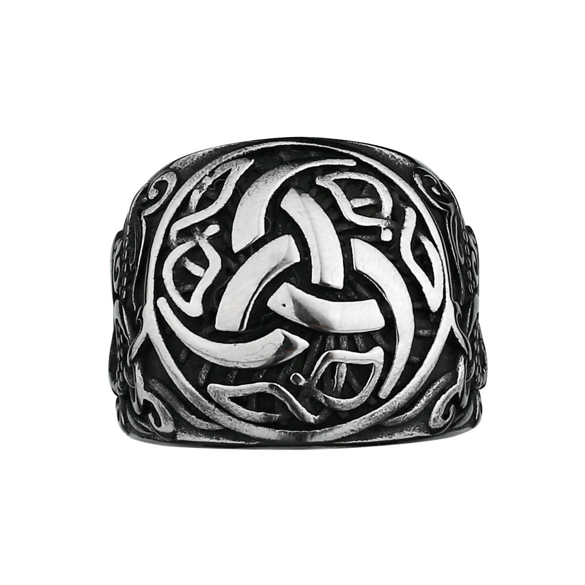Stainless Steel Viking Knotwork Ring with geometric pattern
