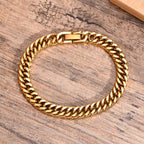 8mm Stainless Steel Curb Link Bracelet closed on wood background view 4