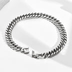 8mm Stainless Steel Curb Link Bracelet closed on wood background view 2