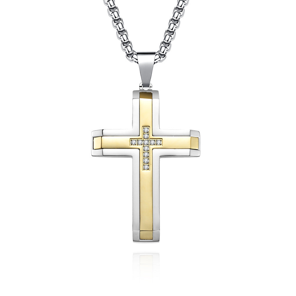 Two-Tone Inlaid Cross Pendant Necklace Black Silver finish view 2