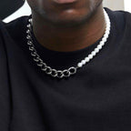 The Half Pearl Cuban Chain Necklace in Titanium Steel, view 2