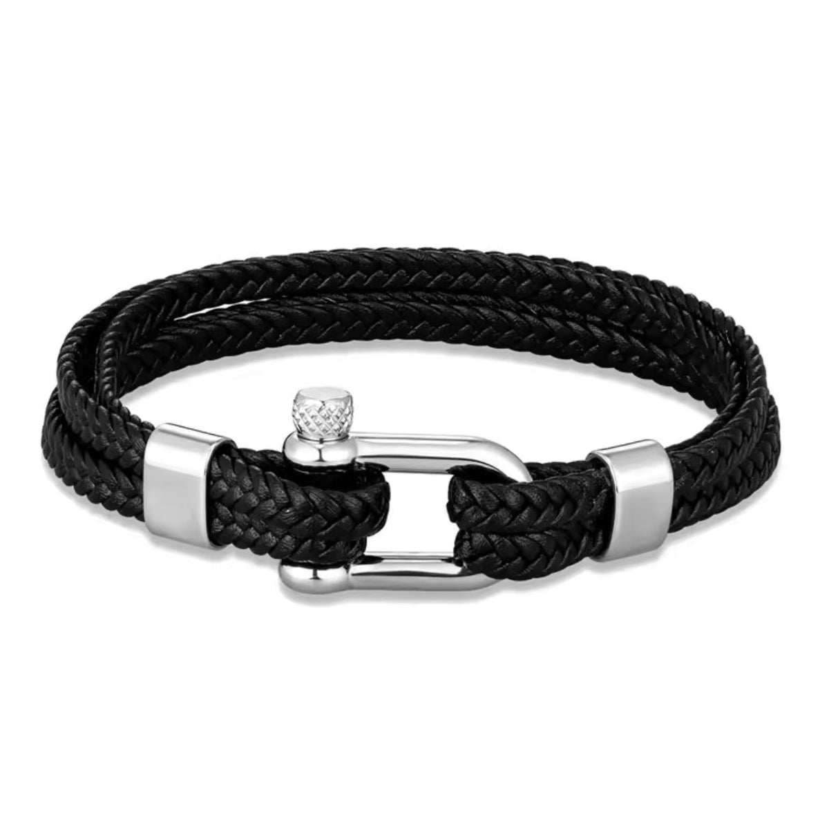 Braided Leather Shackle Bracelet with silver-tone clasp view 5