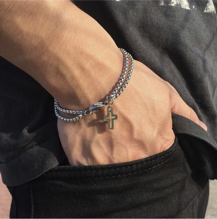 Stainless Steel Double Rolo Chain Cross Bracelet, silver-tone, worn on wrist view 4