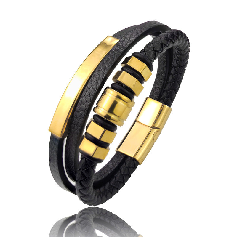 Hexagon Leather Cord Bracelet with gold-tone finish