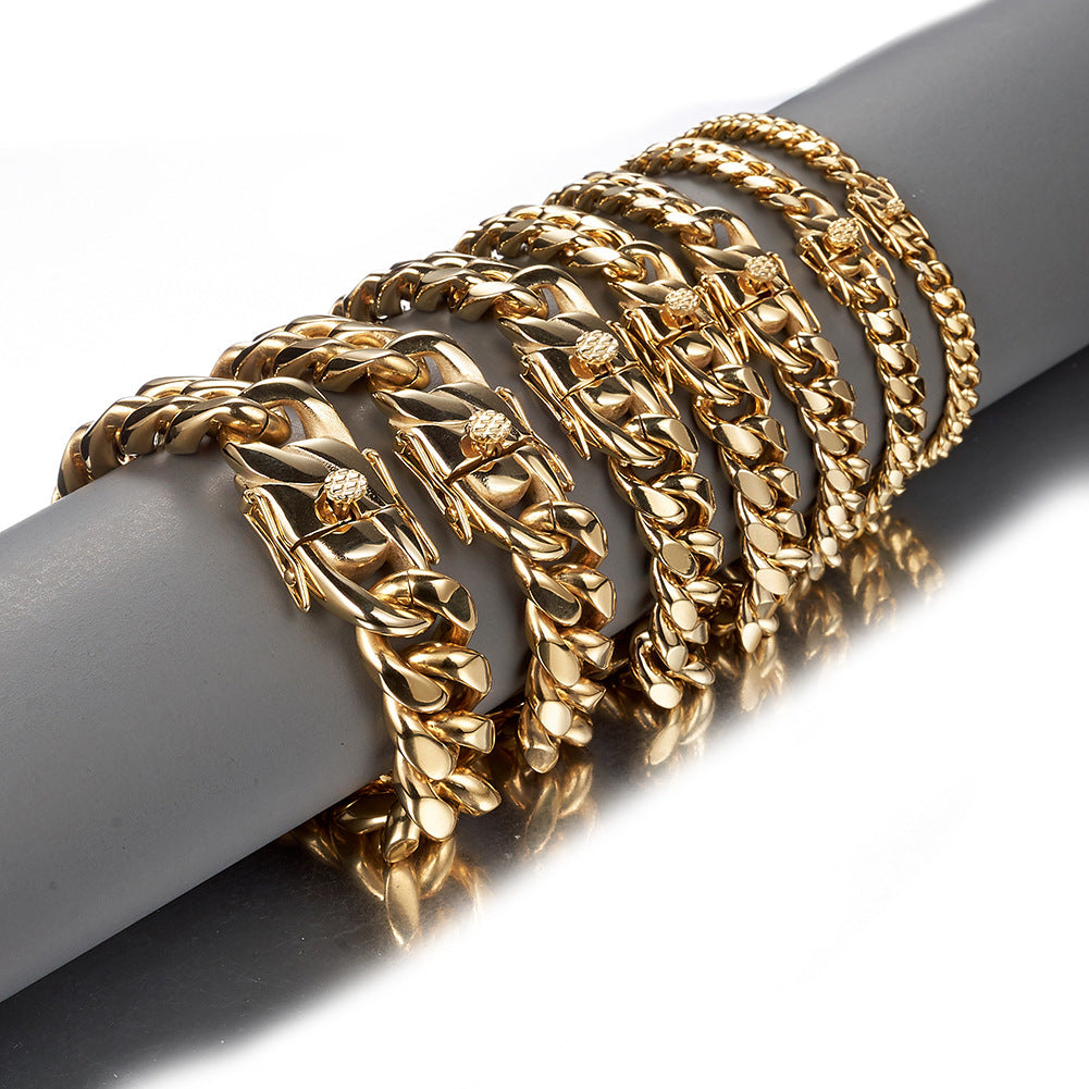 The Double-Latch Gold-Tone Cuban Bracelet in Steel, view 4