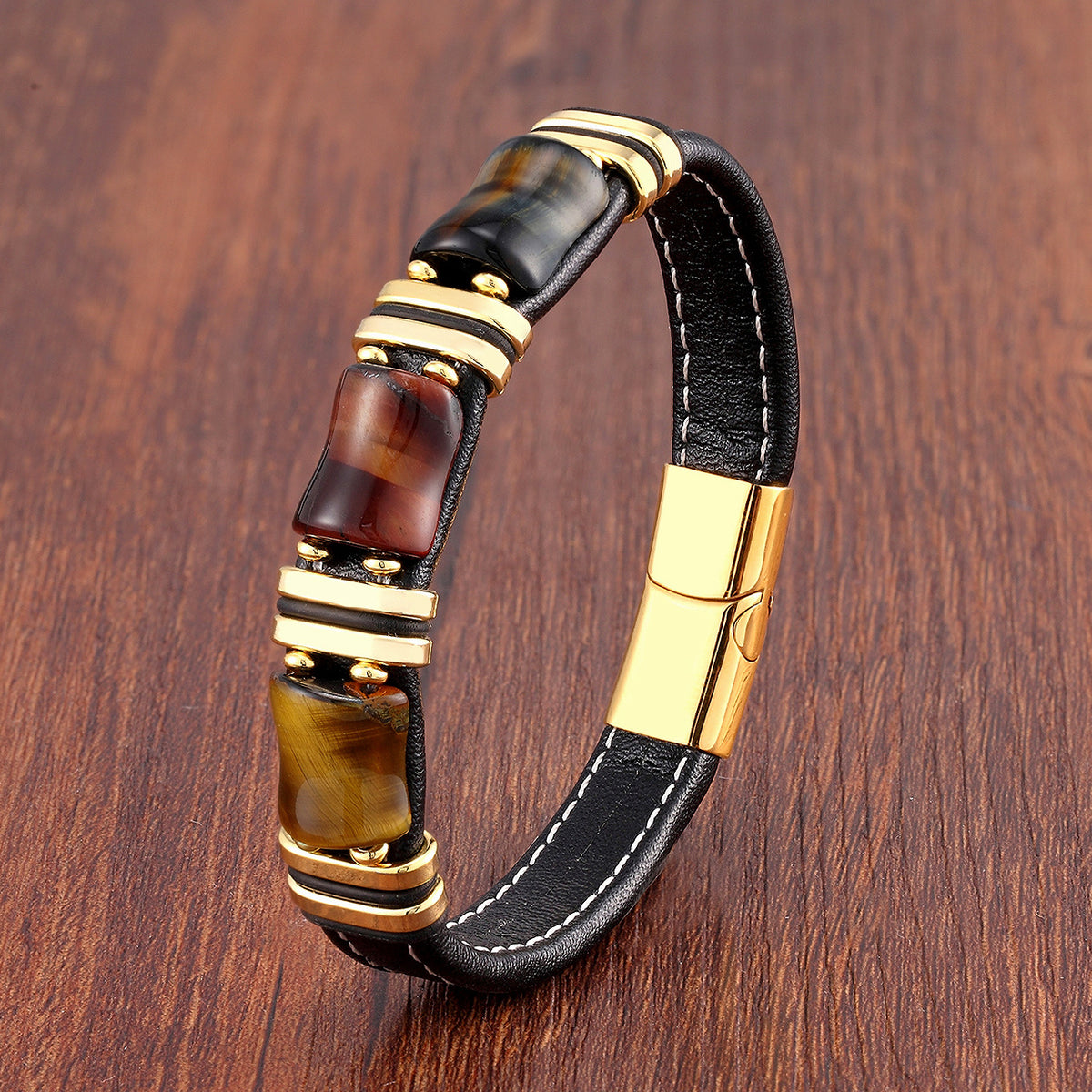 Braided Leather Gemstone Magnetic Bracelet with tiger eye stones view 6