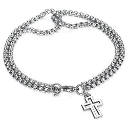 Stainless Steel Double Rolo Chain Cross Bracelet, silver-tone, worn on wrist
