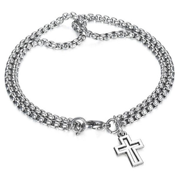 Stainless Steel Double Rolo Chain Cross Bracelet, silver-tone, worn on wrist