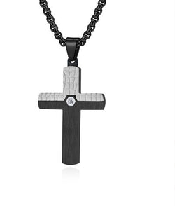 Two-Tone Inlaid Cross Pendant Necklace Black Silver finish view 5