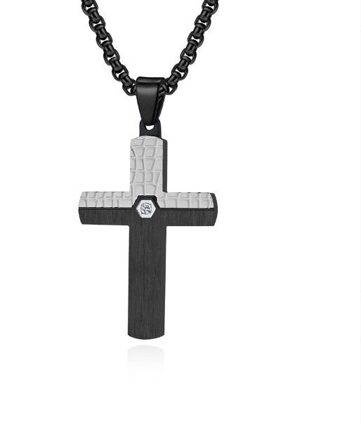 Two-Tone Inlaid Cross Pendant Necklace Black Silver finish view 5