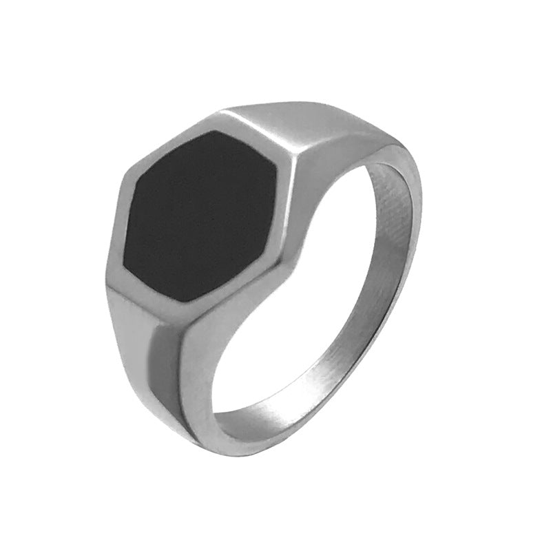 Titanium Steel Hexagonal Black Inlay Ring, geometric design
