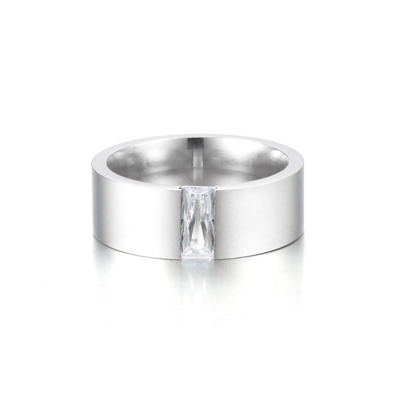 Stainless Steel Baguette Cubic Zirconia Ring, silver finish, wide band view 3