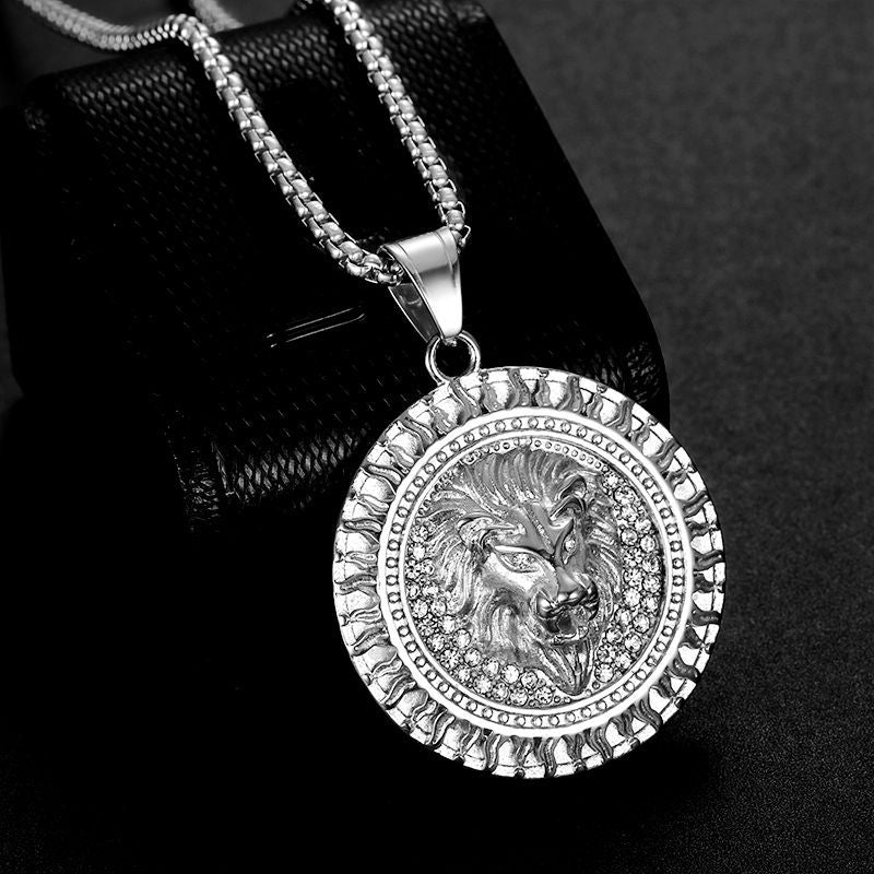 316L Stainless Steel Iced Lion Head Pendant Necklace gold-tone view 4