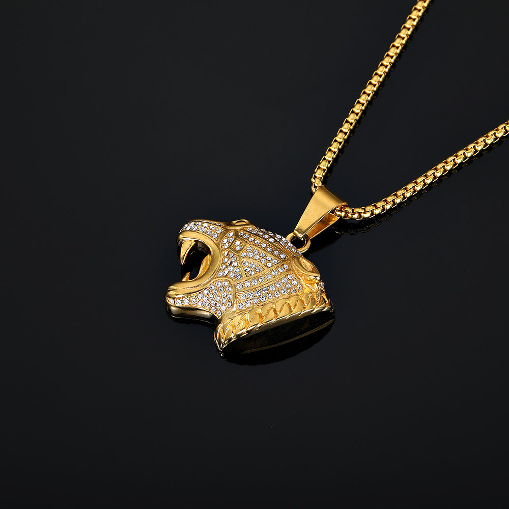 Iced Leopard Head Stainless Steel Pendant Necklace gold-tone box chain view 3