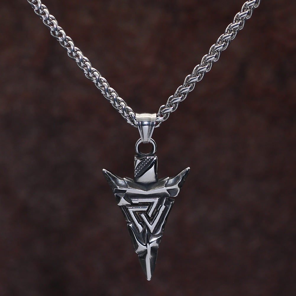 Viking Triangle Rune Arrow Pendant Necklace with a geometric arrow pendant and a silver-tone finish view 3