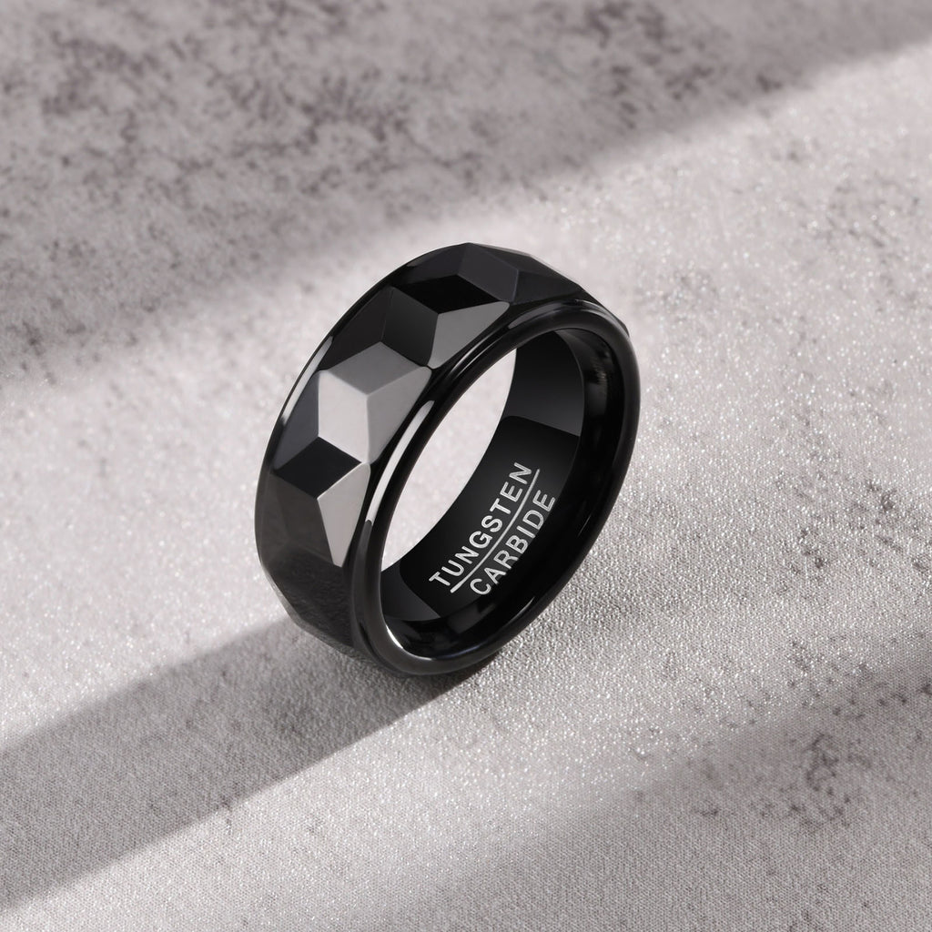 8mm Black Faceted Tungsten Carbide Ring - geometric, durable, black view 3