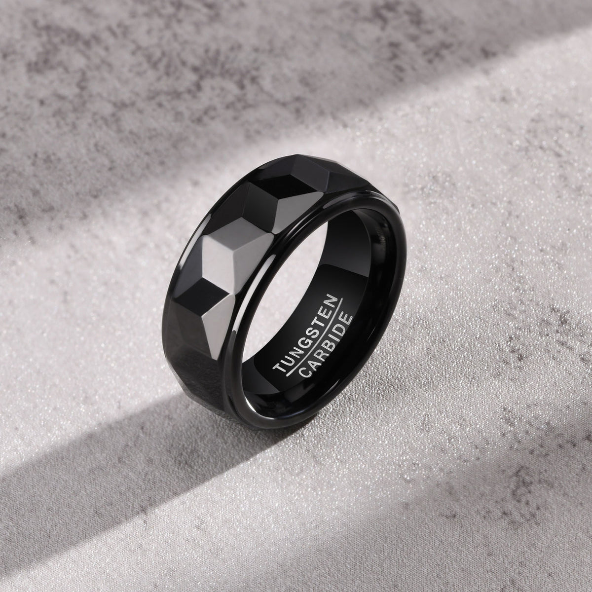 8mm Black Faceted Tungsten Carbide Ring - geometric, durable, black view 3
