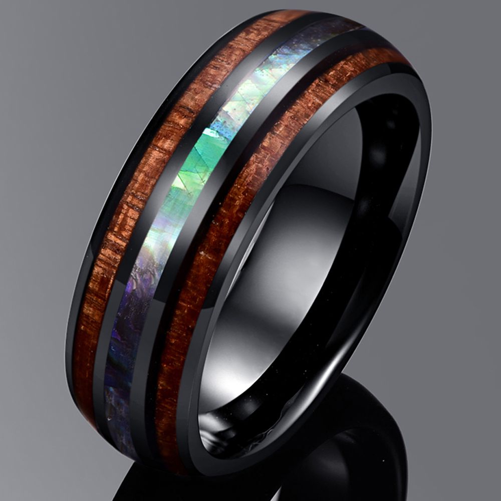 Black Tungsten Wood Abalone Band ring with wood and abalone shell inlay view 3