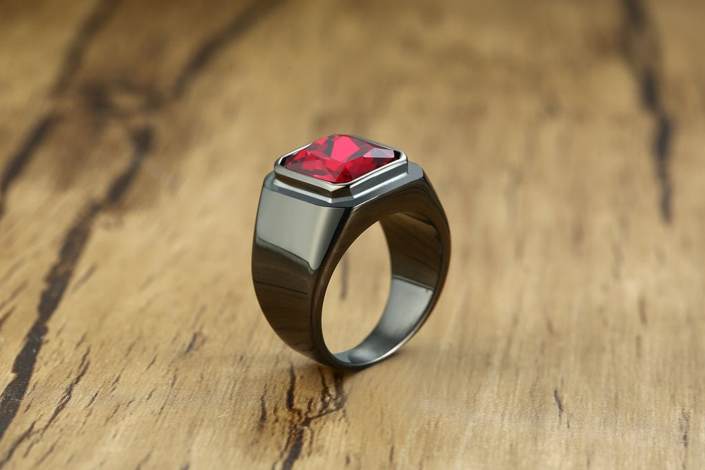Geometric Red Gemstone Stainless Steel Ring - gold and black rings view 4
