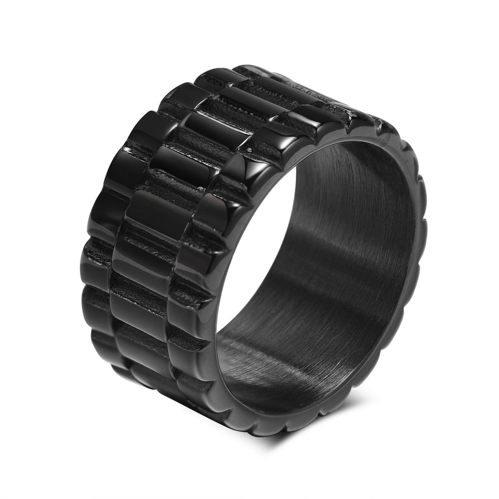 Stainless Steel Link Band Ring, black finish, textured