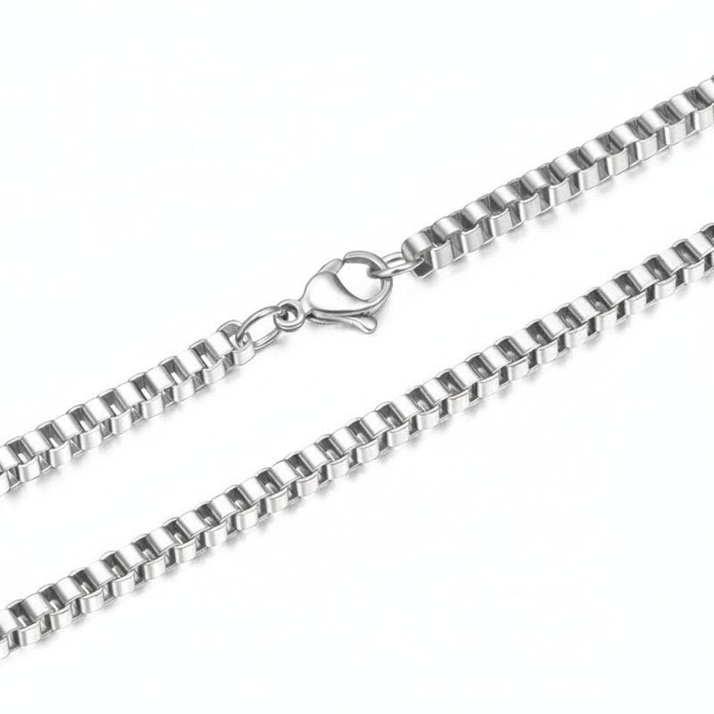 Minimalist Stainless Steel Box Chain on neck view 9