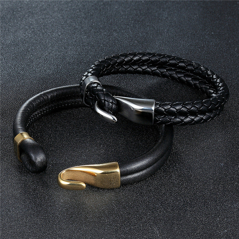 Two-Strand Leather Hook Bracelet, smooth gold-tone finish view 4
