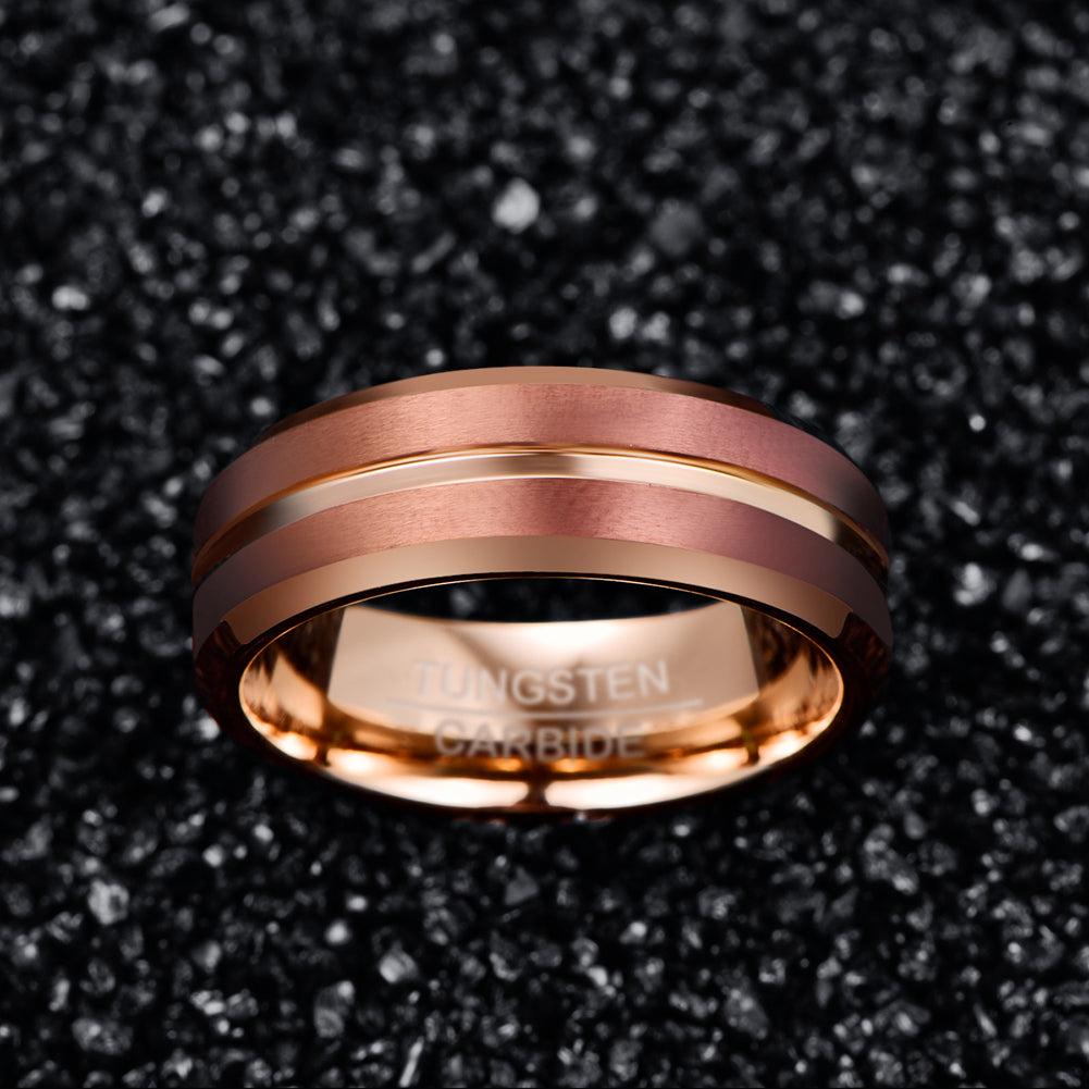 Rose Gold Brushed Groove Tungsten Ring - men's band view 2