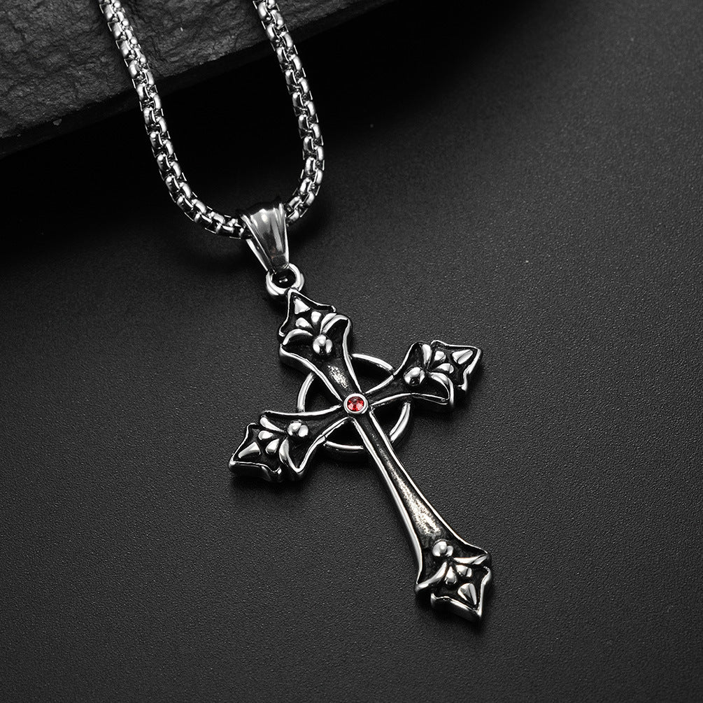 The Gothic Fleur Cross Pendant Necklace in Titanium Steel, view 4