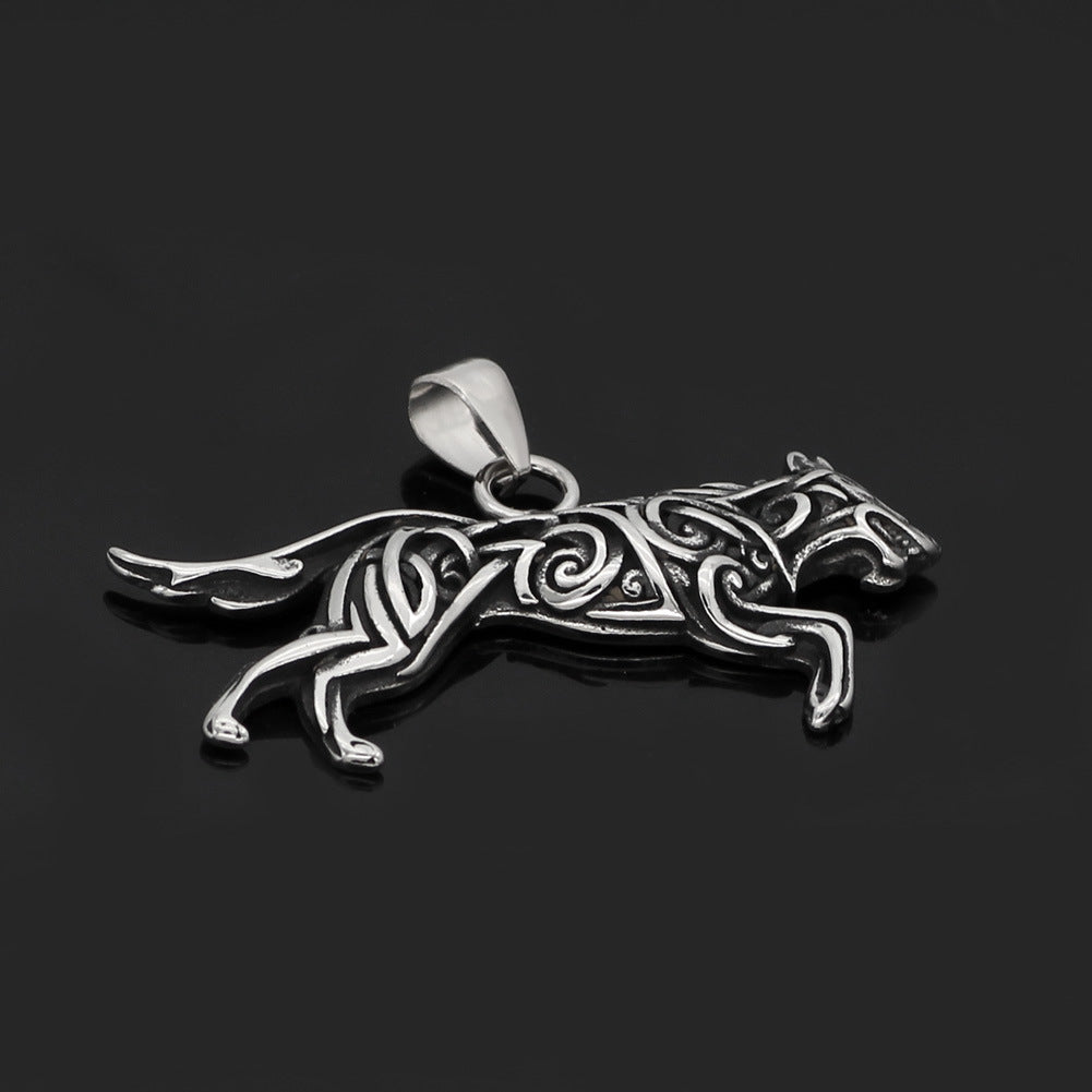 Titanium Steel Wolf Knotwork Pendant Necklace with wheat chain view 3