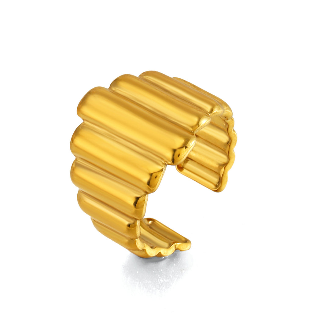Vertical Stripe Stainless Steel Cuff Ring, gold-tone, ribbed texture