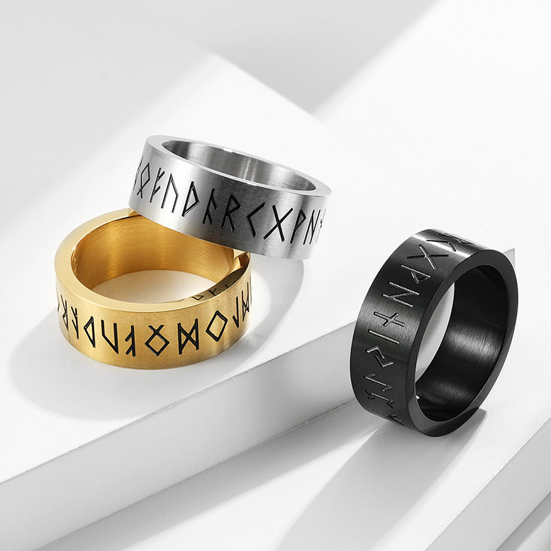 Brushed Stainless Steel Rune Ring - silver finish, etched symbols view 4