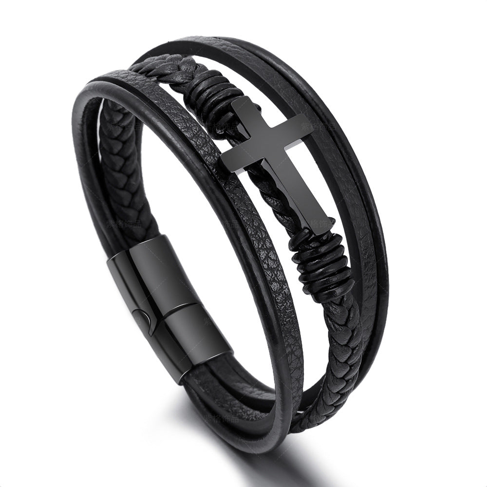 Braided Leather Cross Bracelet black finish