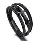 Braided Leather Cross Bracelet black finish