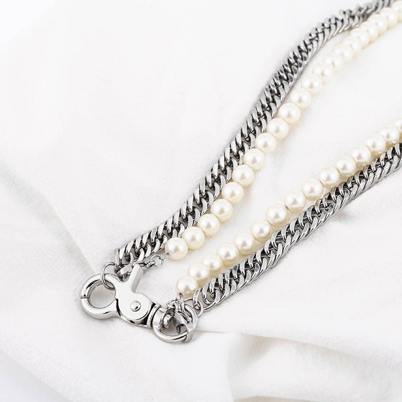 The Layered Pearl and Curb Chain Necklace in Steel, view 4