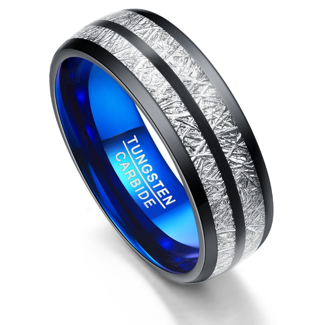 8mm Black Tungsten Carbide Blue Inlay Ring on white background