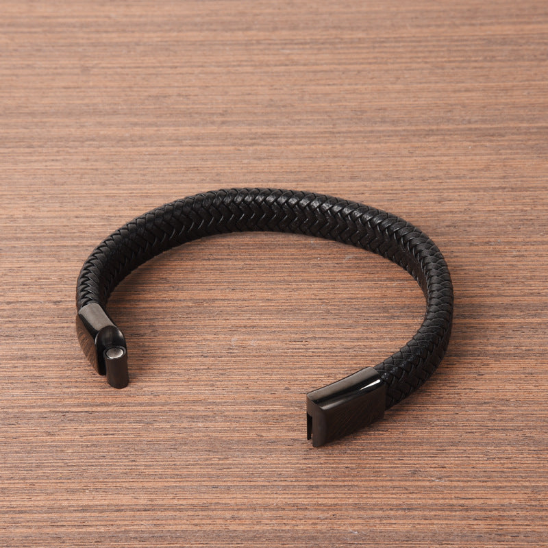 Black Braided Leather Magnetic Bracelet - black leather, magnetic clasp view 4