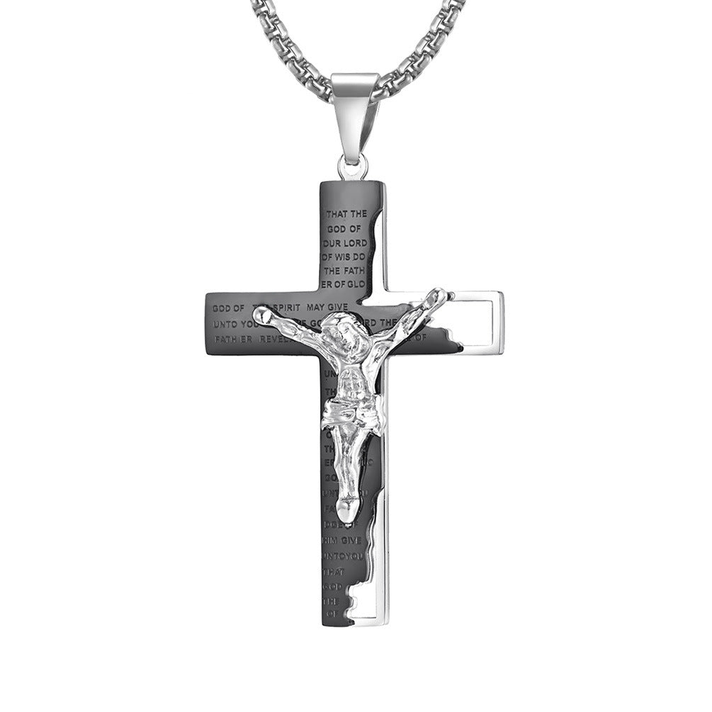 Crucifix Pendant Necklace with engraved scripture in silver finish view 2