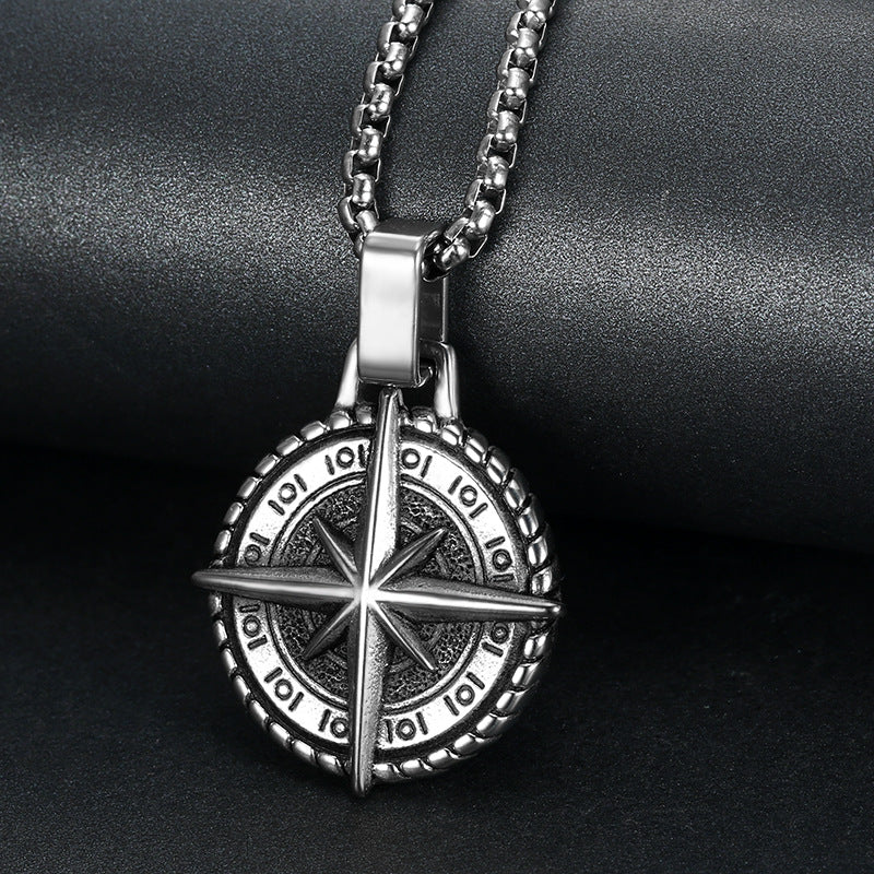 Stainless Steel Compass Pendant Necklace, silver-tone with detailed compass rose view 3