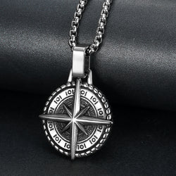 Stainless Steel Compass Pendant Necklace, silver-tone with detailed compass rose view 3