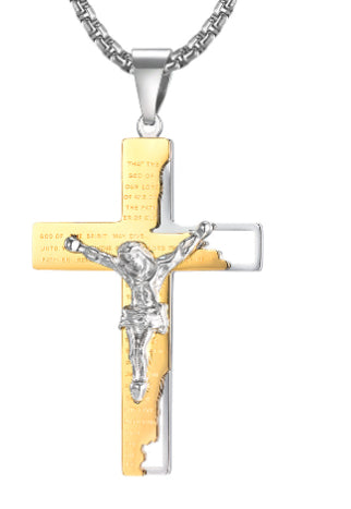Crucifix Pendant Necklace with engraved scripture in silver finish view 4